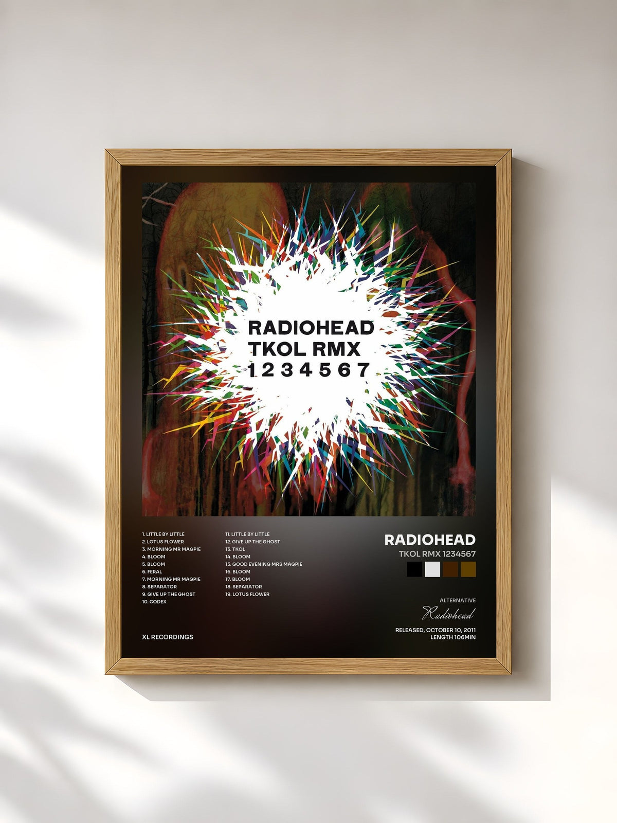 #bois Tableau de l'album TKOL RMX 1234567 de Radiohead, cadre en bois brut, imprimé et encadré en France