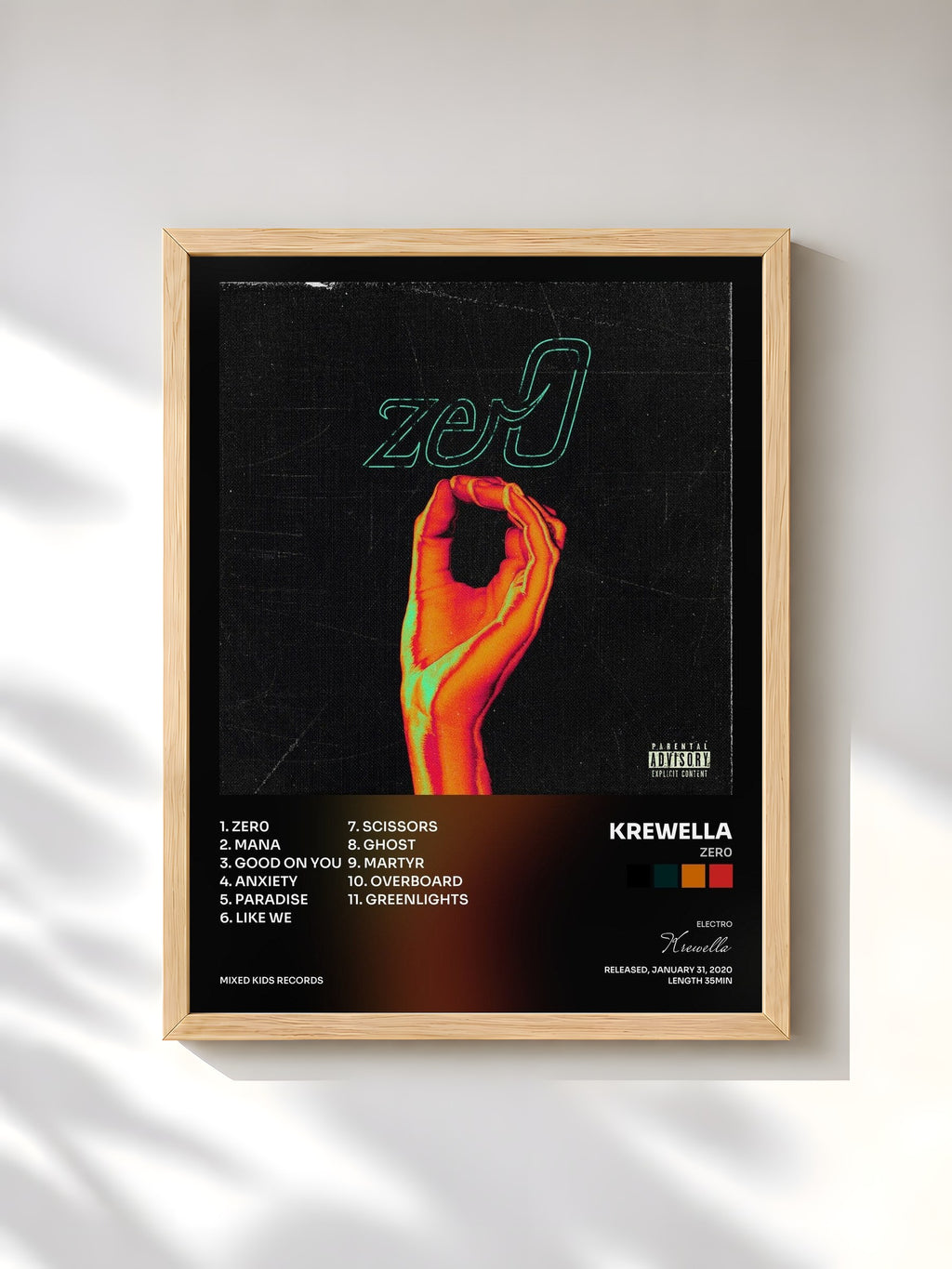 #bois Tableau de l'album zer0 de Krewella, cadre en bois brut, imprimé et encadré en France