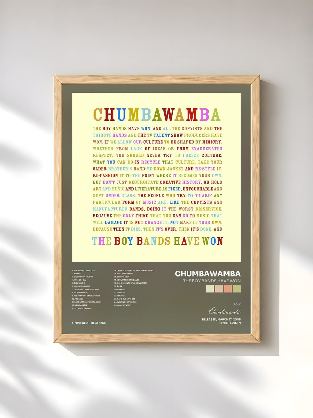 #bois Tableau de l'album The Boy Bands Have Won de Chumbawamba, cadre en bois brut, imprimé et encadré en France