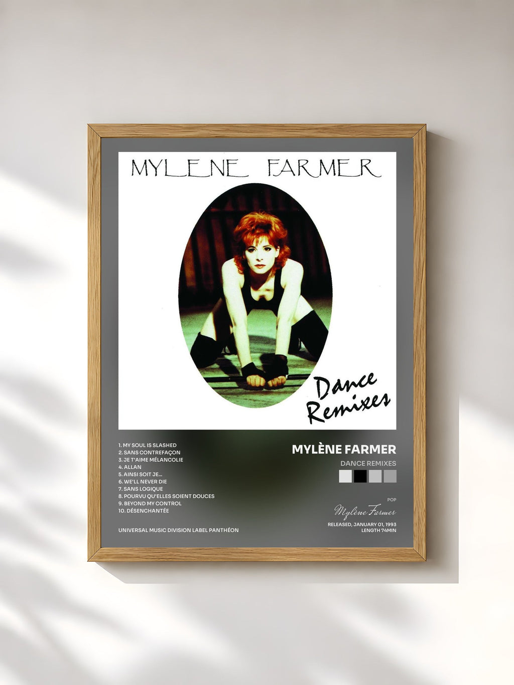 #bois Tableau de l'album Dance Remixes de Mylène Farmer, cadre en bois brut, imprimé et encadré en France
