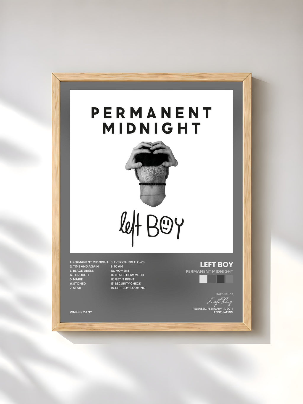 #bois Tableau de l'album Permanent Midnight de Left Boy, cadre en bois brut, imprimé et encadré en France