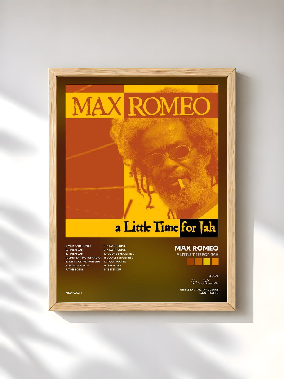 #bois Tableau de l'album A Little Time For Jah de Max Romeo, cadre en bois brut, imprimé et encadré en France