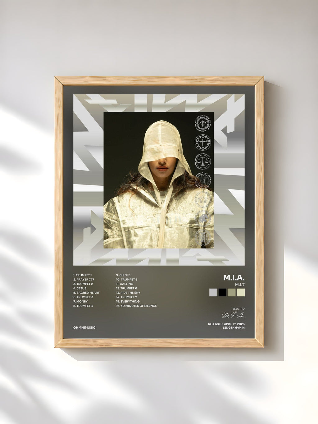 #bois Tableau de l'album M.I.7 de M.I.A., cadre en bois brut, imprimé et encadré en France