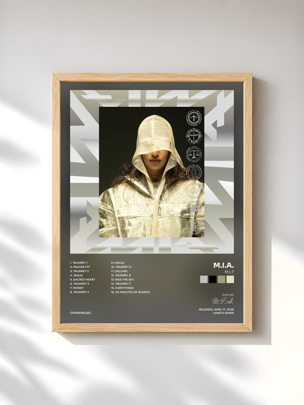 #bois Tableau de l'album M.I.7 de M.I.A., cadre en bois brut, imprimé et encadré en France