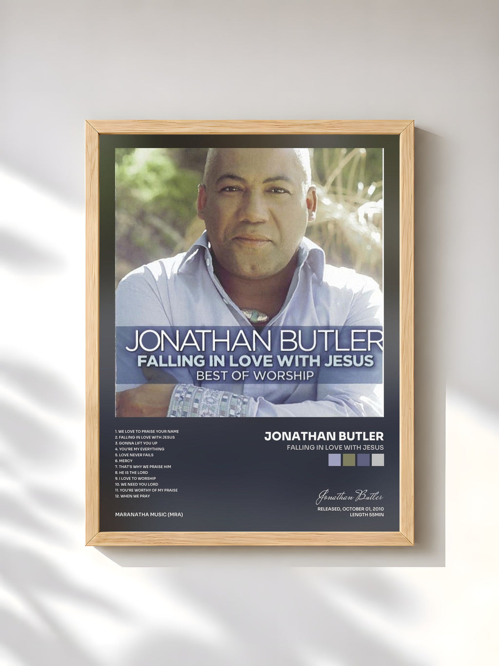 #bois Tableau de l'album Falling In Love With Jesus de Jonathan Butler, cadre en bois brut, imprimé et encadré en France