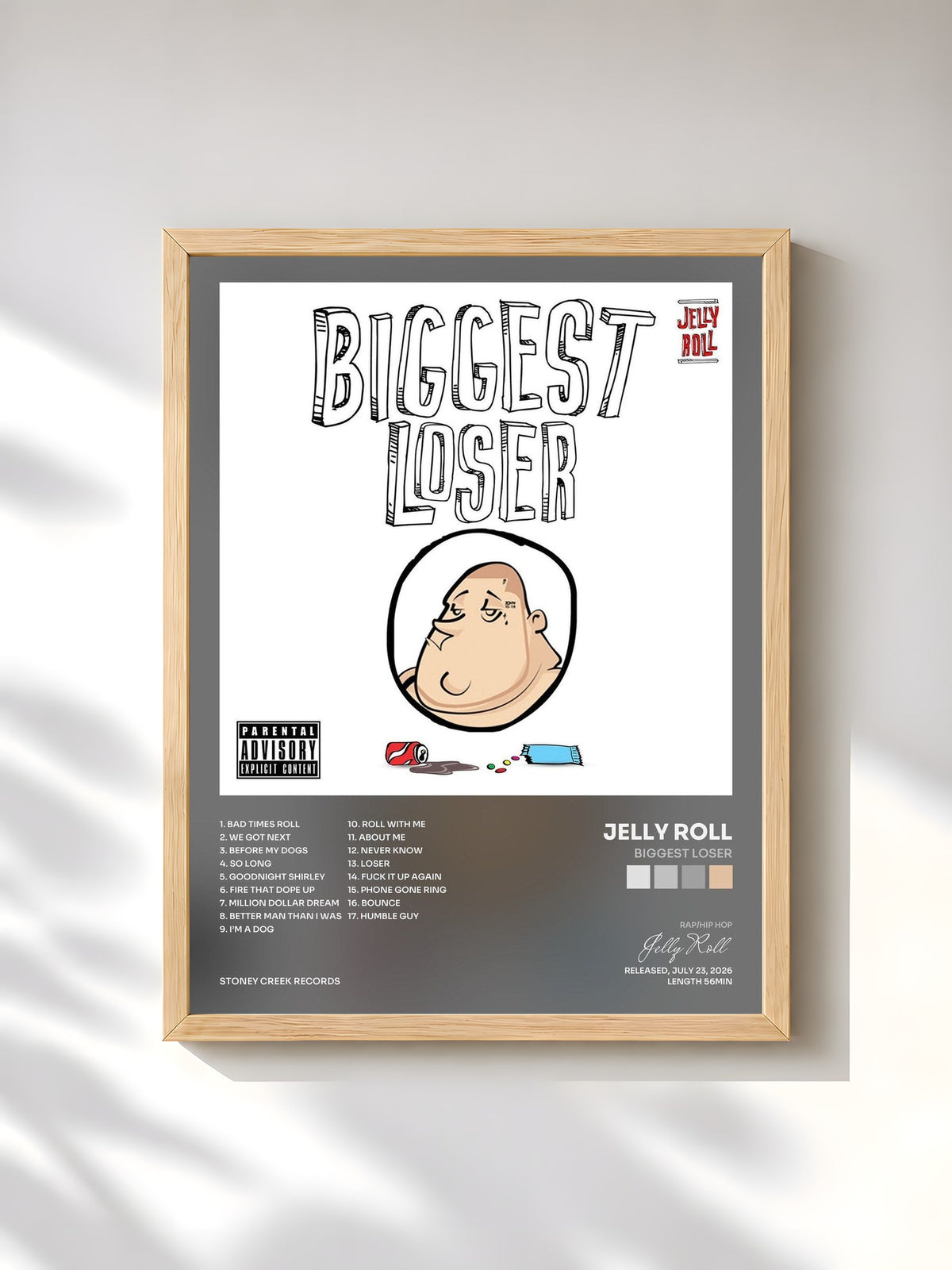 #bois Tableau de l'album Biggest Loser de Jelly Roll, cadre en bois brut, imprimé et encadré en France