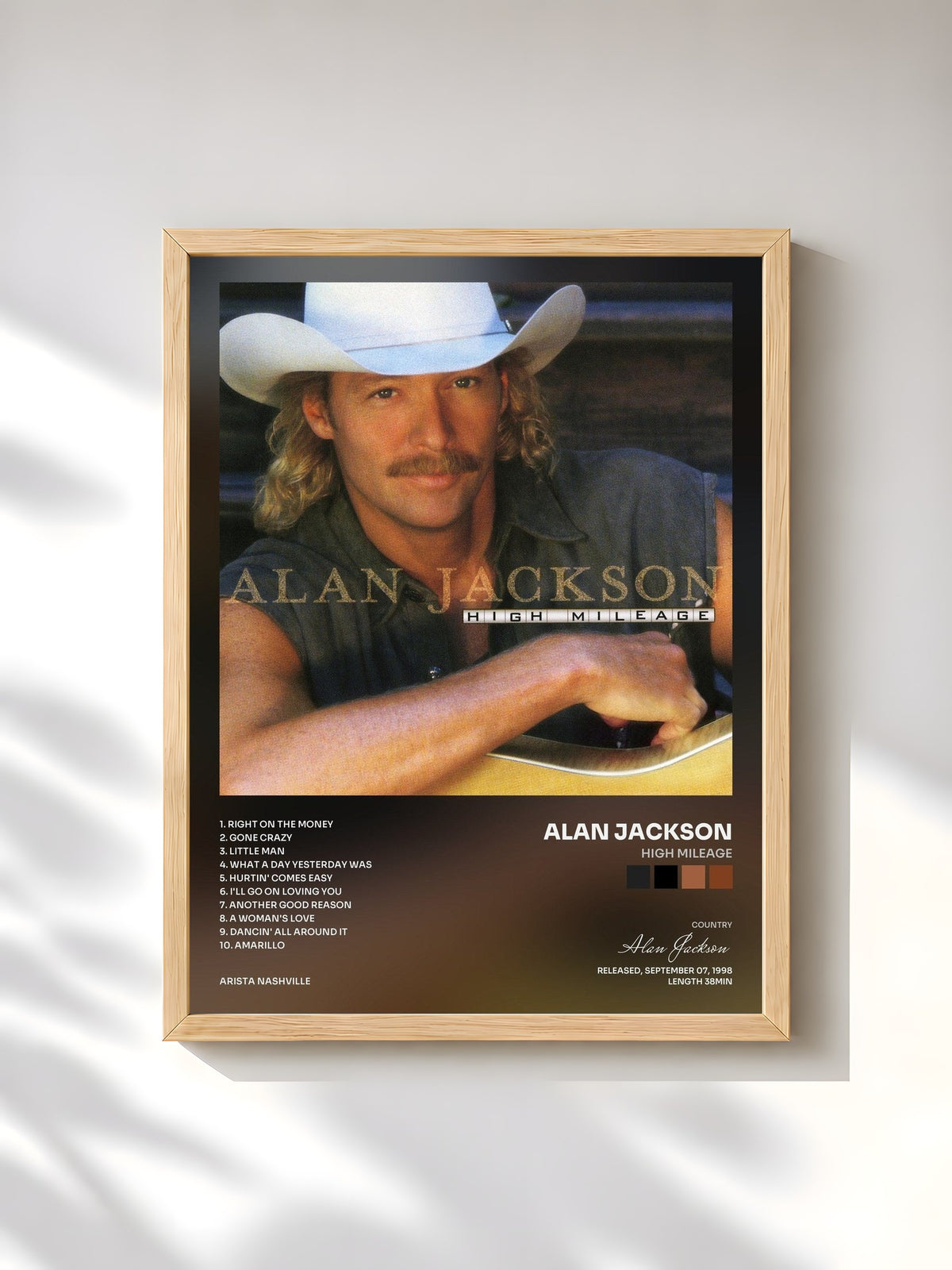 #bois Tableau de l'album High Mileage de Alan Jackson, cadre en bois brut, imprimé et encadré en France