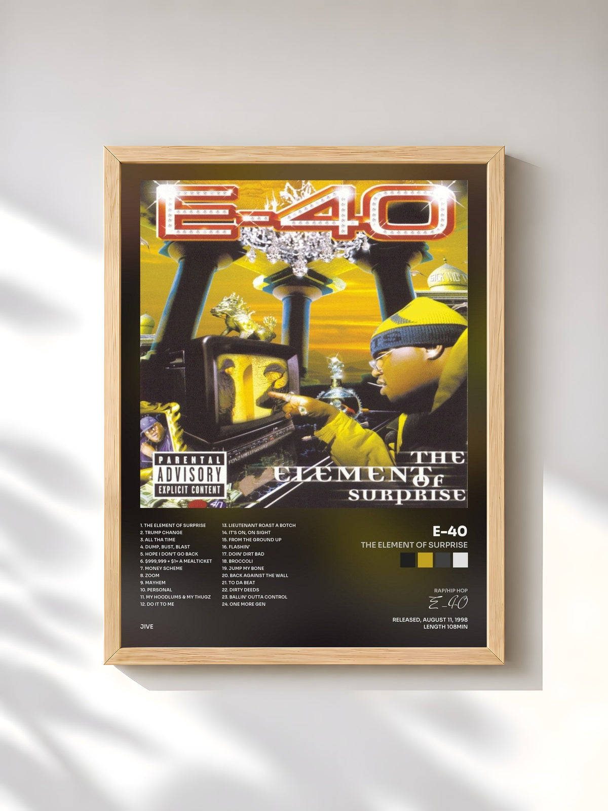 #bois Tableau de l'album The Element Of Surprise de E-40, cadre en bois brut, imprimé et encadré en France