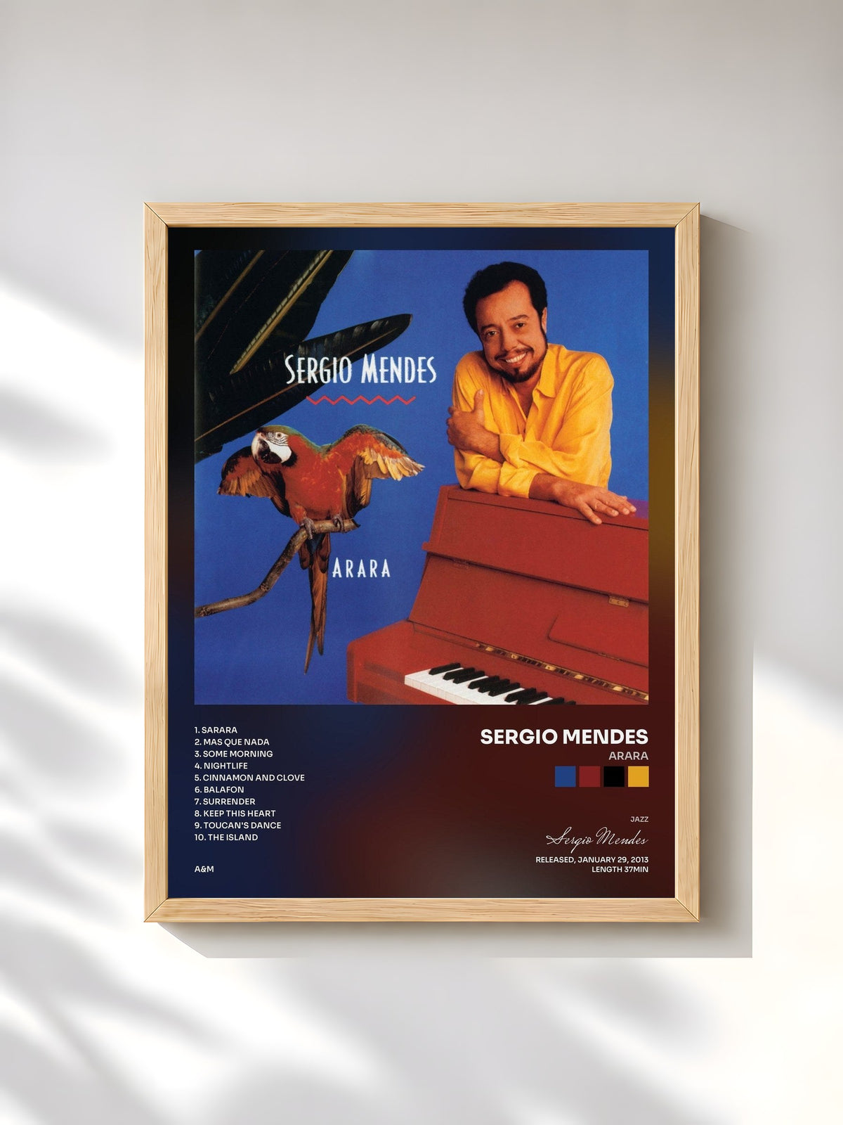 #bois Tableau de l'album Arara de Sergio Mendes, cadre en bois brut, imprimé et encadré en France