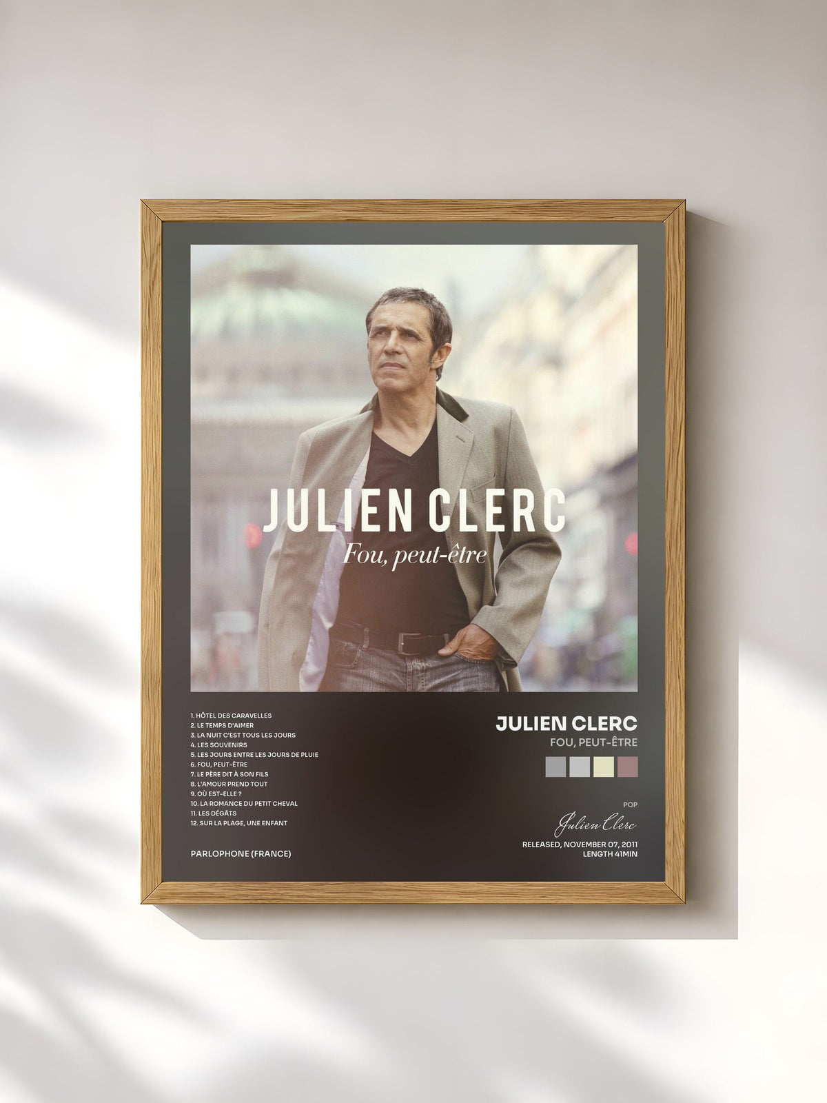 #bois Tableau de l'album Fou, peut-être de Julien Clerc, cadre en bois brut, imprimé et encadré en France