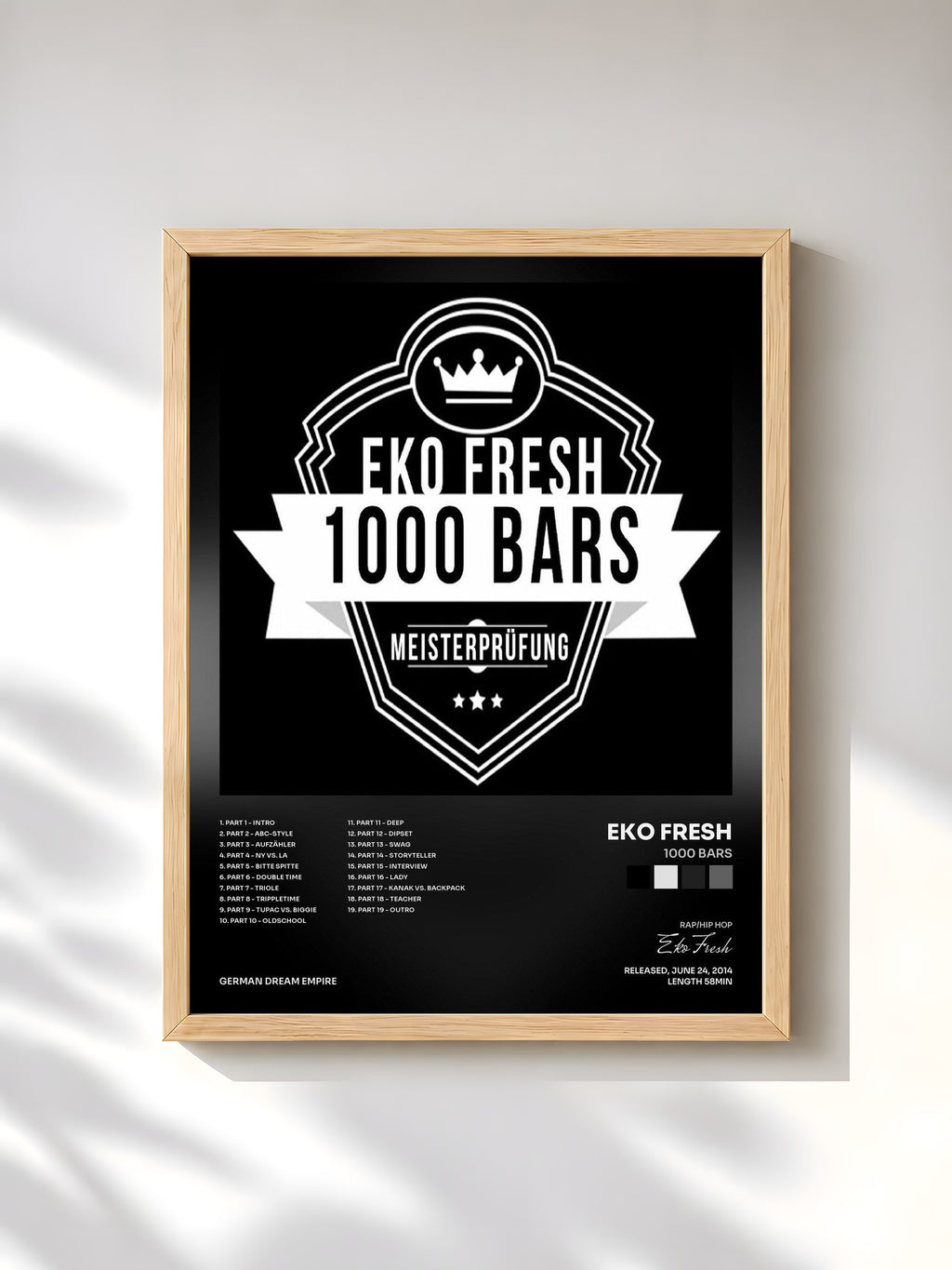 #bois Tableau de l'album 1000 Bars de Eko Fresh, cadre en bois brut, imprimé et encadré en France