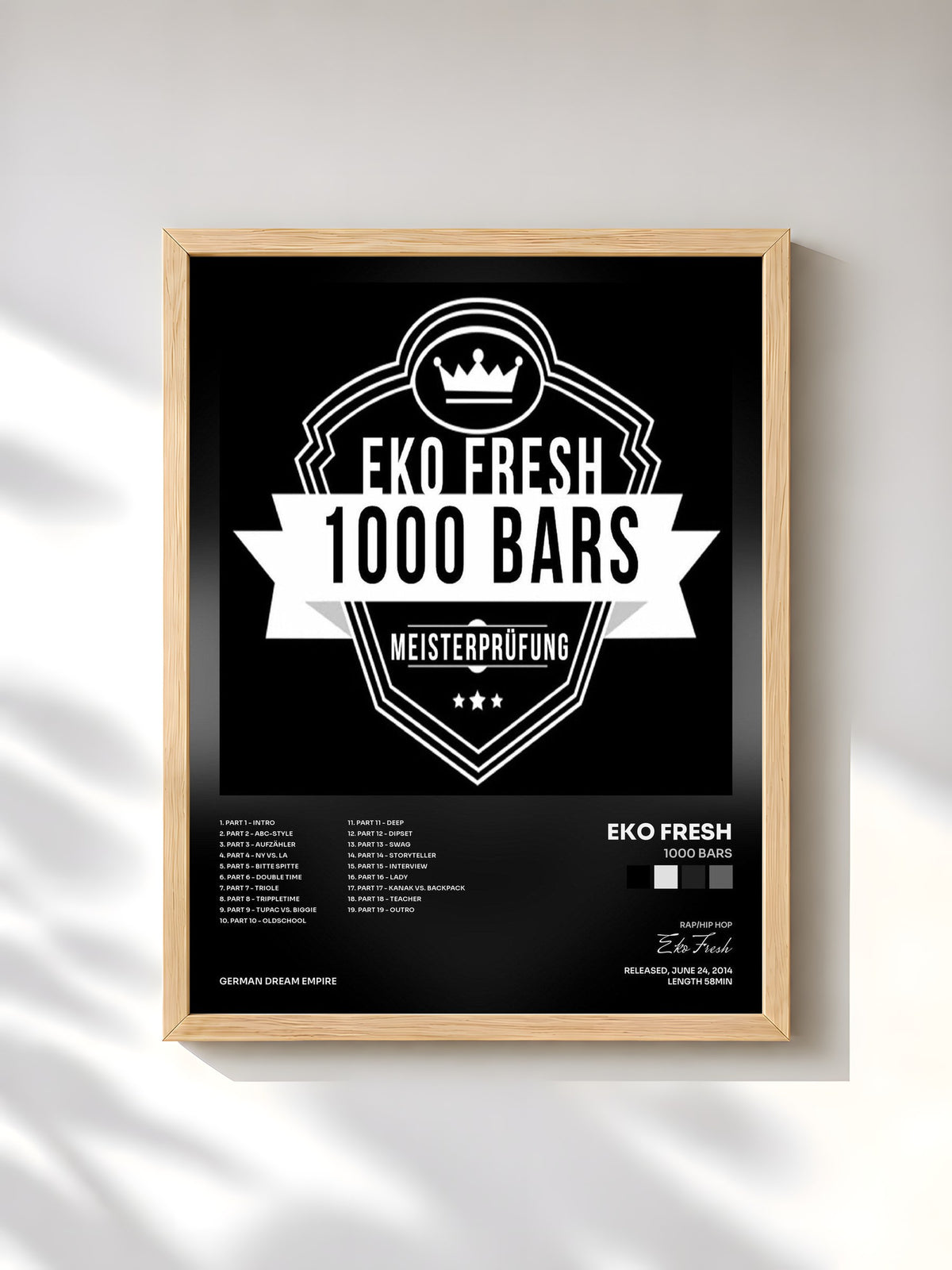 #bois Tableau de l'album 1000 Bars de Eko Fresh, cadre en bois brut, imprimé et encadré en France