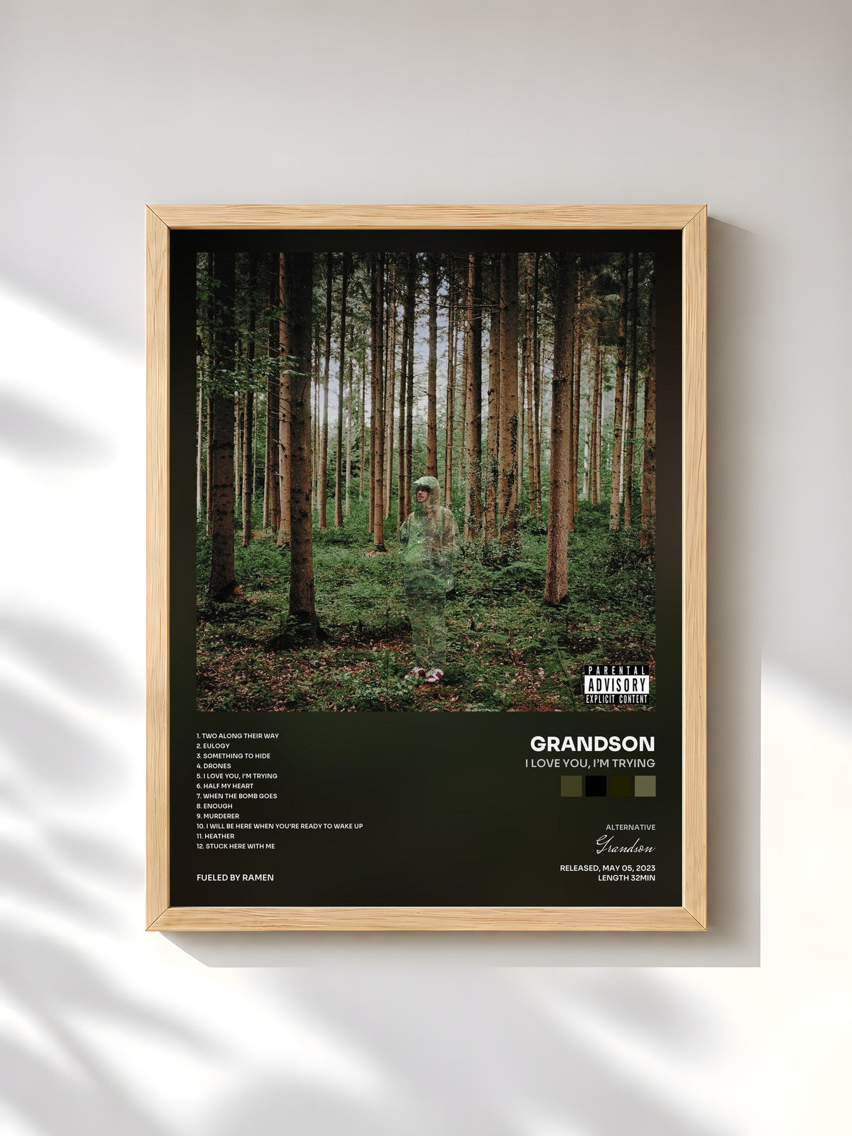 #bois Tableau de l'album I Love You, I’m Trying de Grandson, cadre en bois brut, imprimé et encadré en France