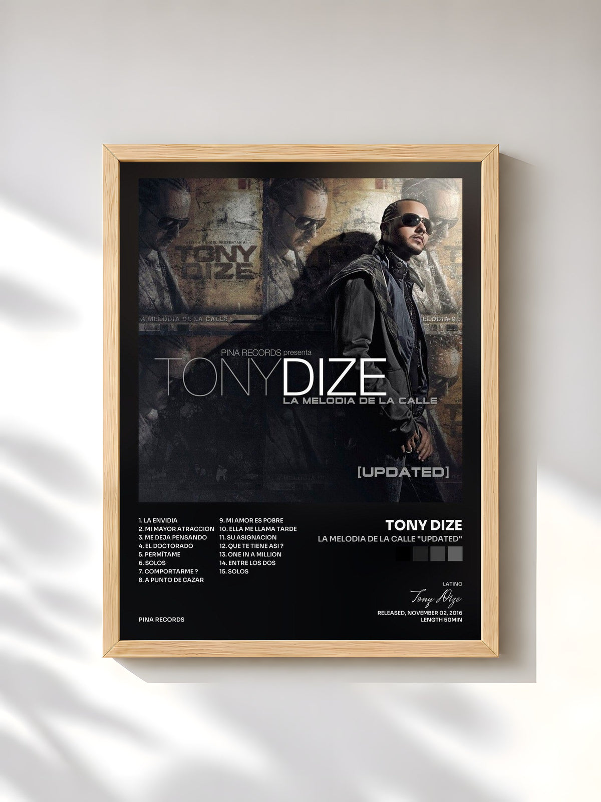 #bois Tableau de l'album La Melodia de la Calle "Updated" de Tony Dize, cadre en bois brut, imprimé et encadré en France