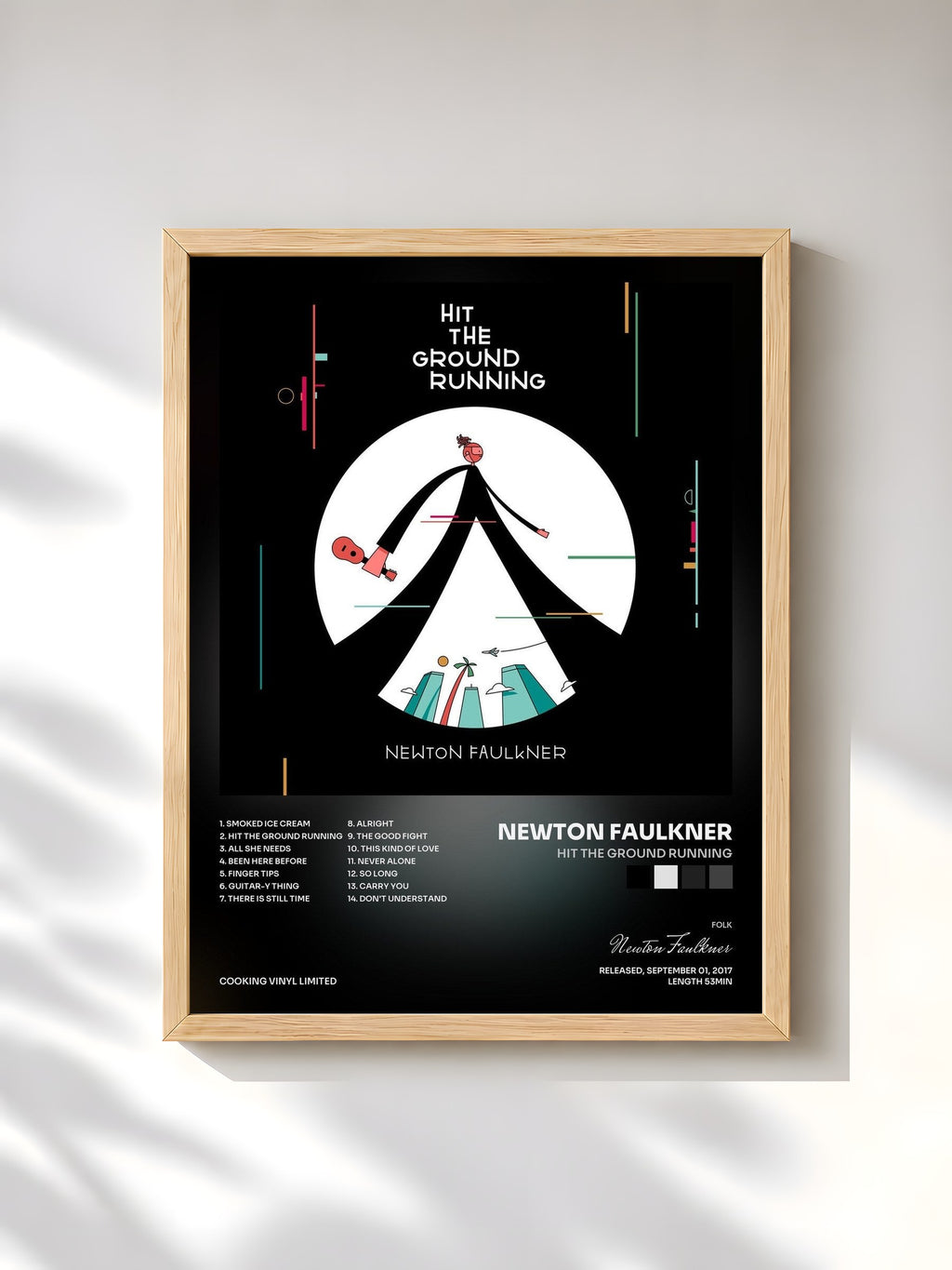#bois Tableau de l'album Hit the Ground Running de Newton Faulkner, cadre en bois brut, imprimé et encadré en France