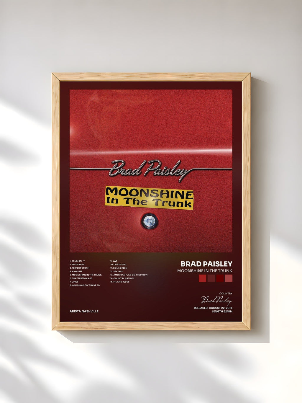 #bois Tableau de l'album Moonshine in the Trunk de Brad Paisley, cadre en bois brut, imprimé et encadré en France