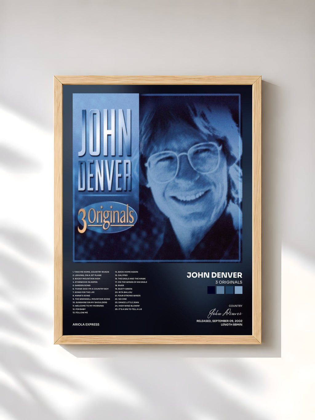 #bois Tableau de l'album 3 Originals de John Denver, cadre en bois brut, imprimé et encadré en France