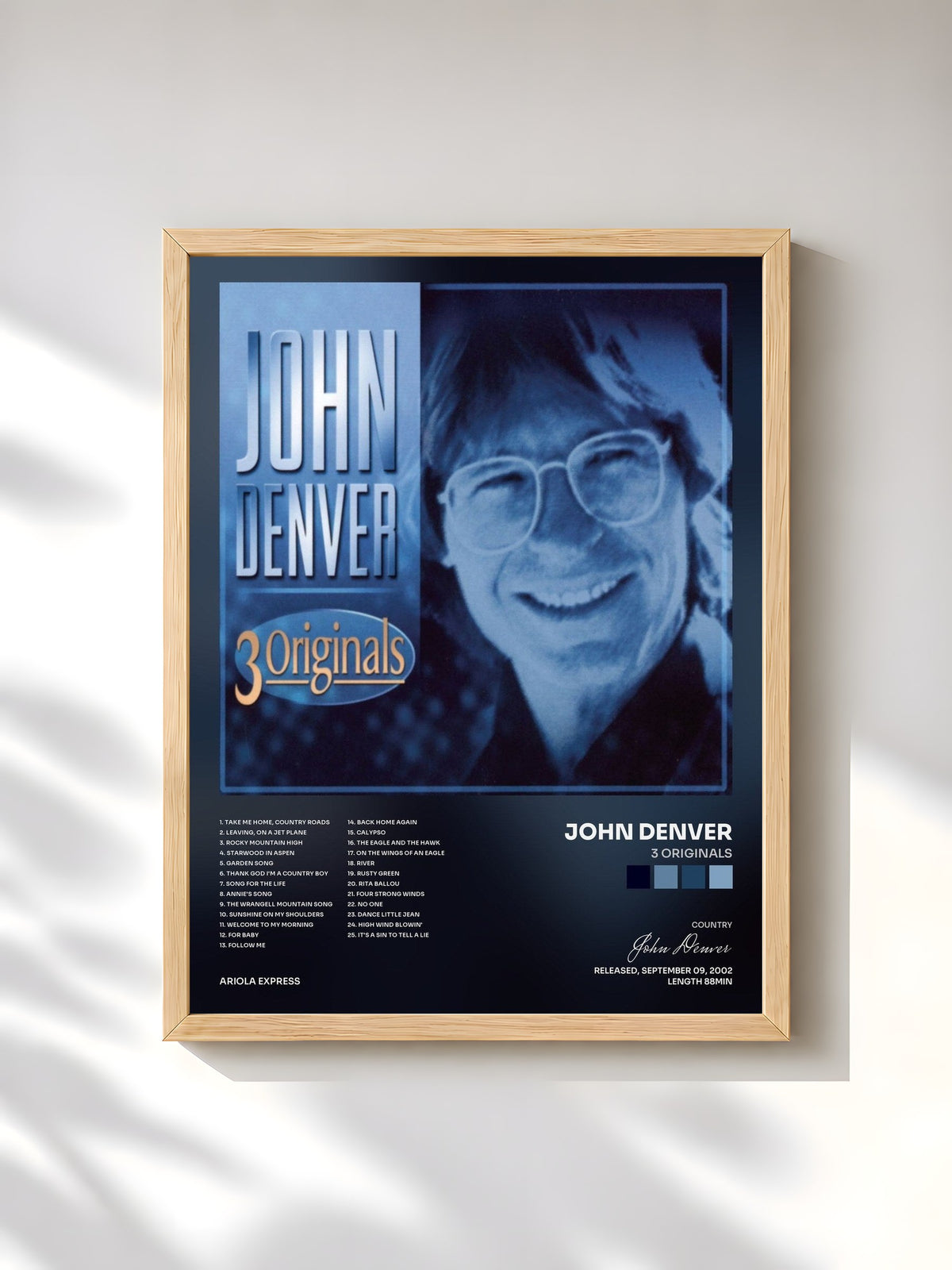 #bois Tableau de l'album 3 Originals de John Denver, cadre en bois brut, imprimé et encadré en France