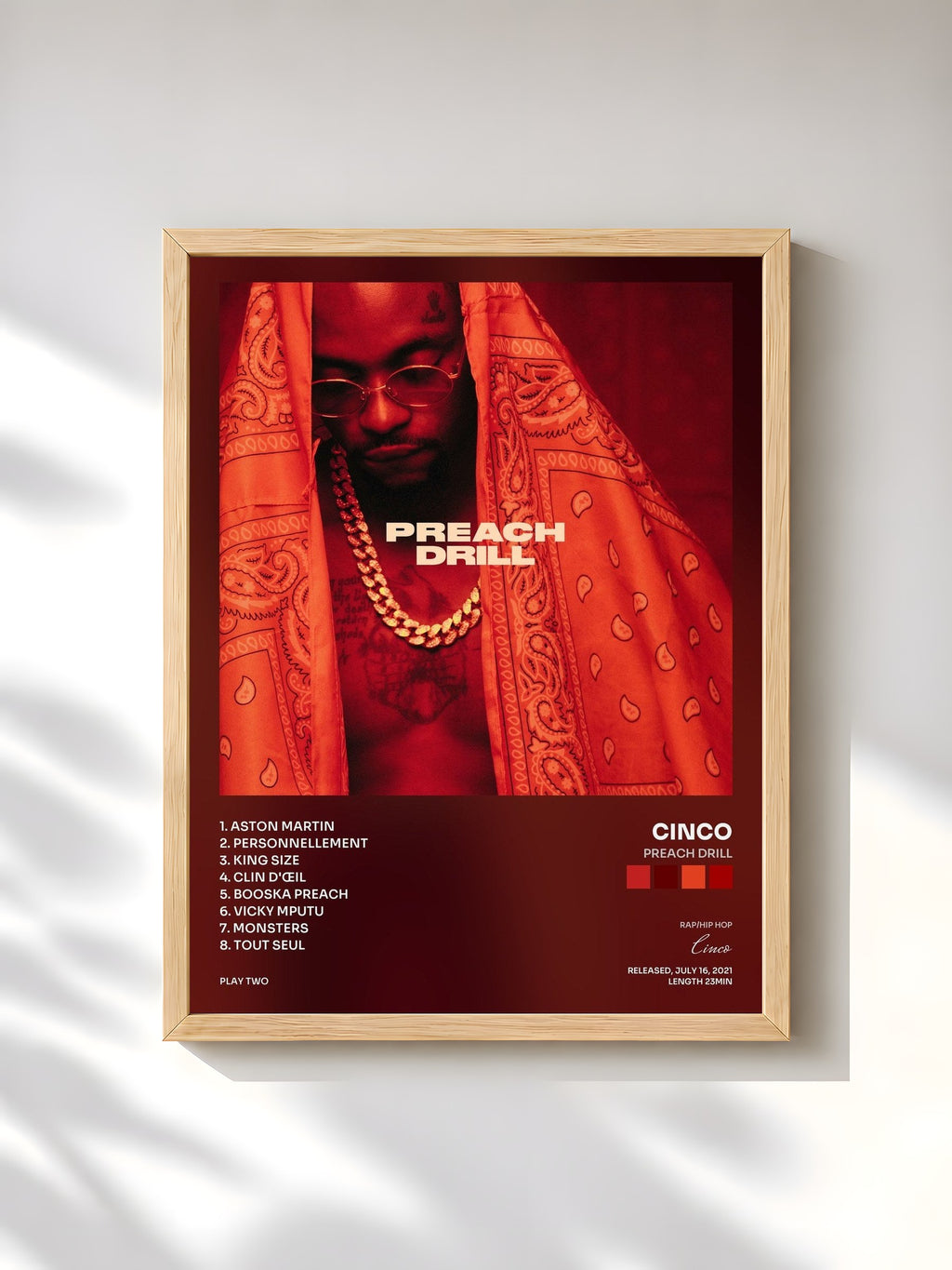 #bois Tableau de l'album Preach Drill de Cinco, cadre en bois brut, imprimé et encadré en France