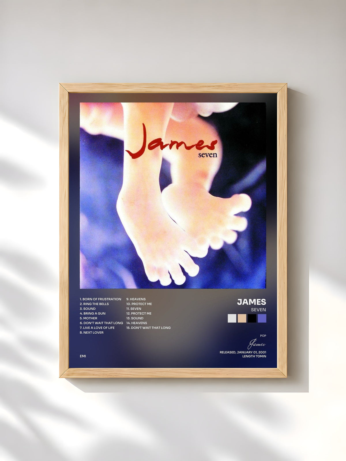 #bois Tableau de l'album Seven de James, cadre en bois brut, imprimé et encadré en France