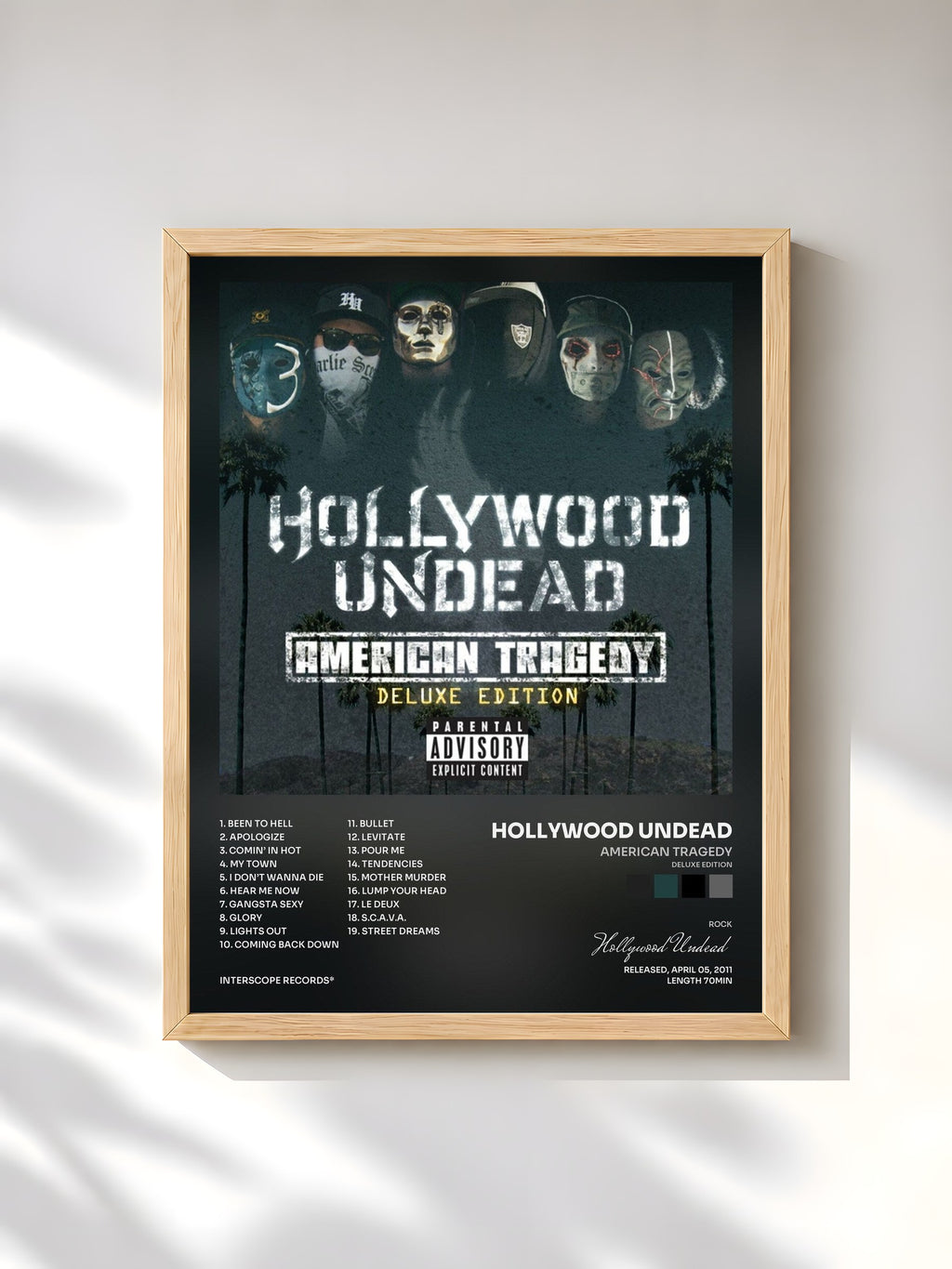 #bois Tableau de l'album American Tragedy (Deluxe Edition) de Hollywood Undead, cadre en bois brut, imprimé et encadré en France