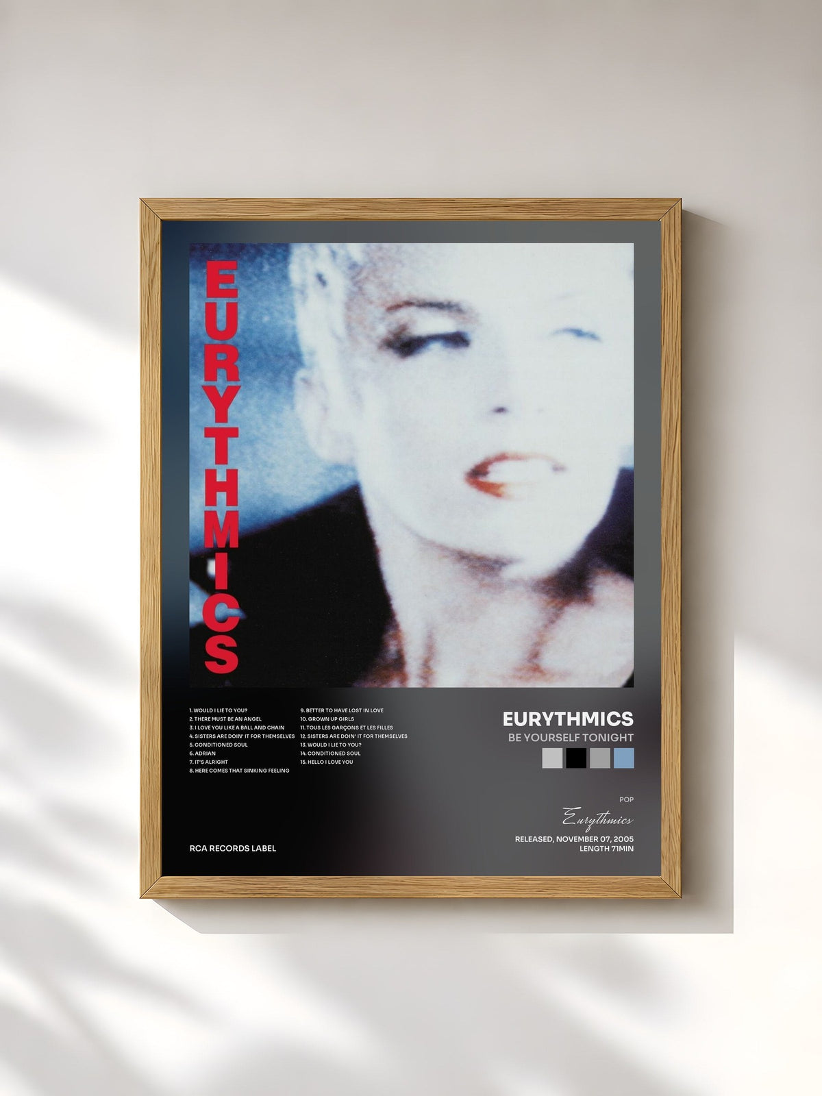 #bois Tableau de l'album Be Yourself Tonight de Eurythmics, cadre en bois brut, imprimé et encadré en France