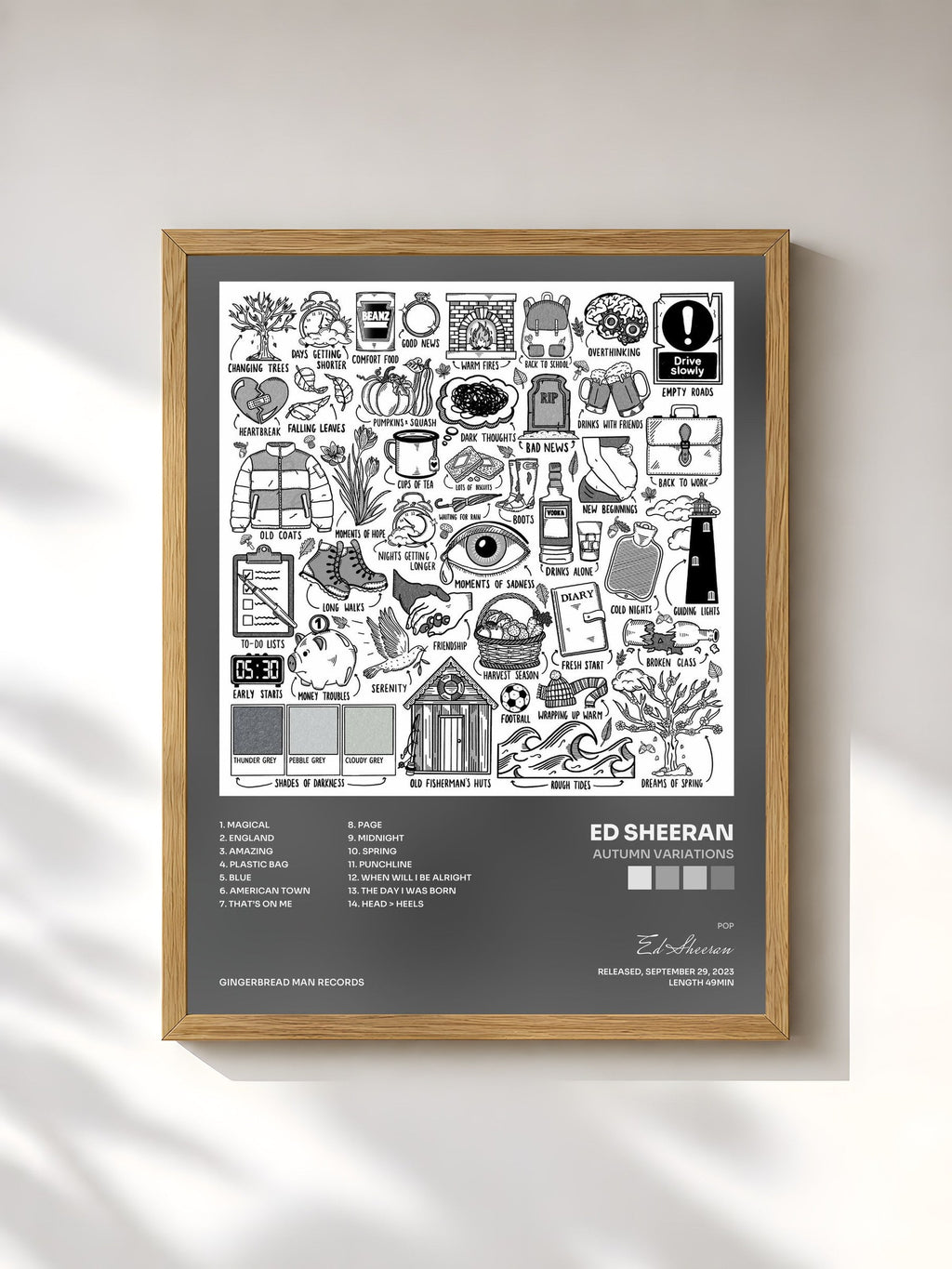 #bois Tableau de l'album Autumn Variations de Ed Sheeran, cadre en bois brut, imprimé et encadré en France