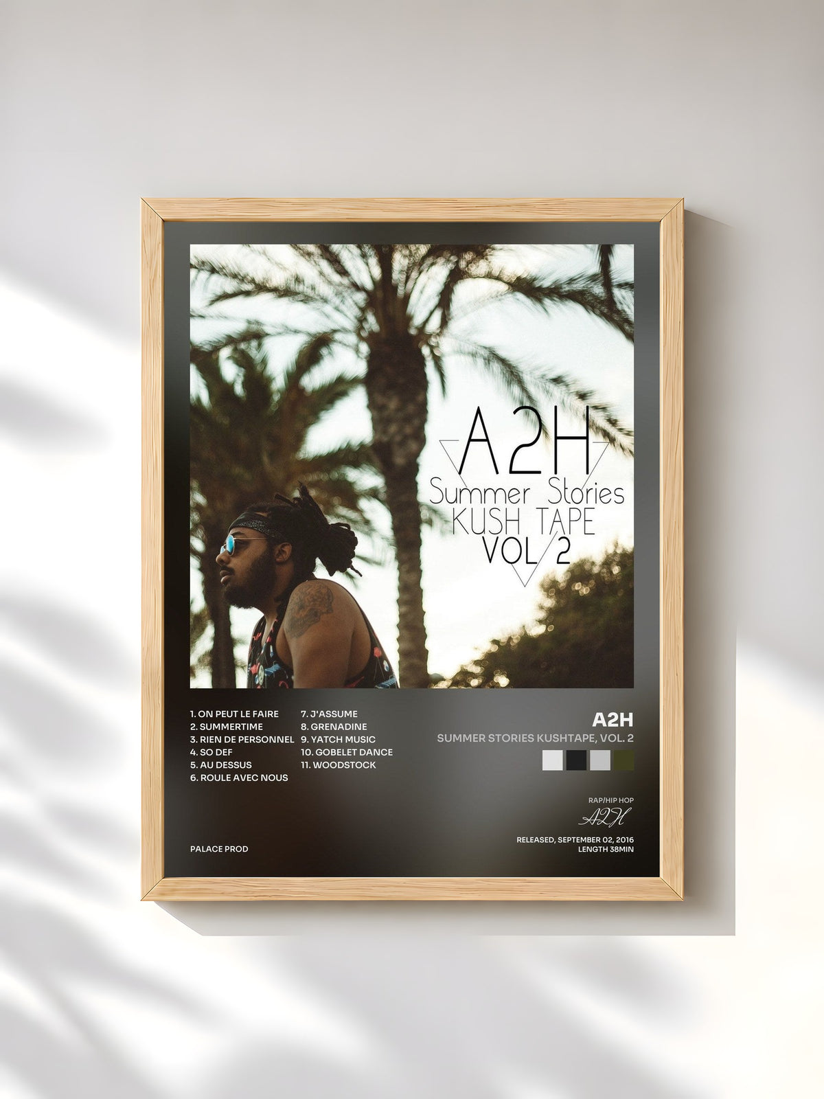 #bois Tableau de l'album Summer Stories Kushtape, Vol. 2 de A2H, cadre en bois brut, imprimé et encadré en France
