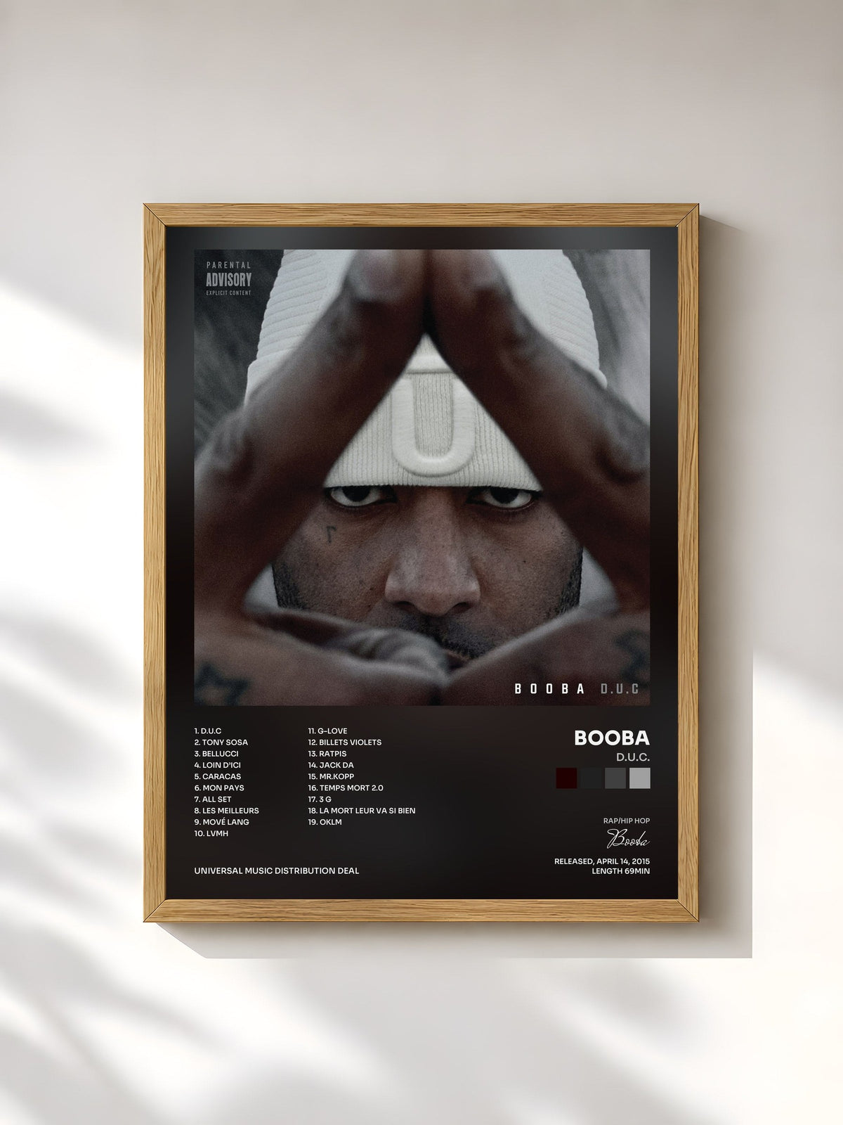 #bois Tableau de l'album D.U.C. de Booba, cadre en bois brut, imprimé et encadré en France