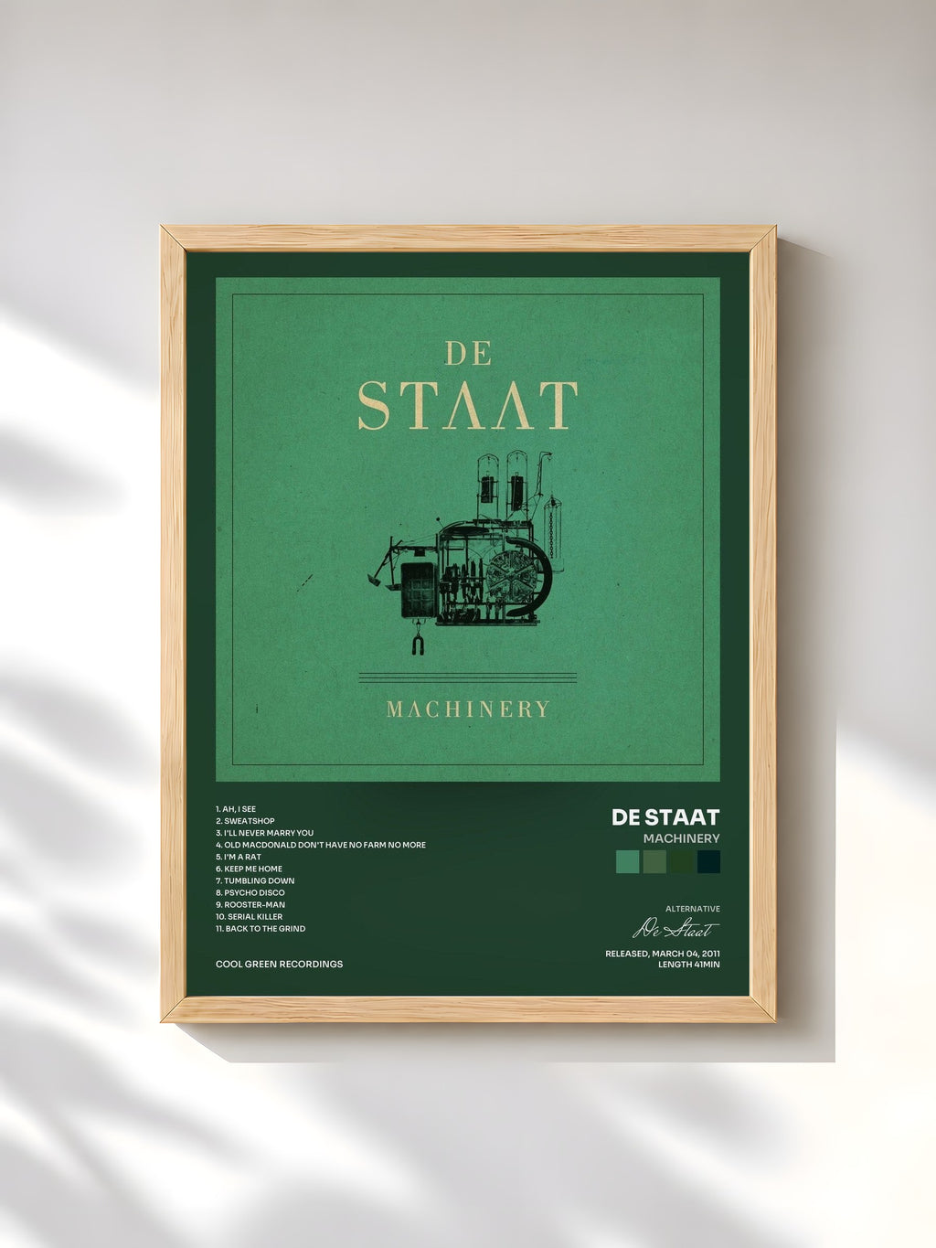 #bois Tableau de l'album Machinery de De Staat, cadre en bois brut, imprimé et encadré en France