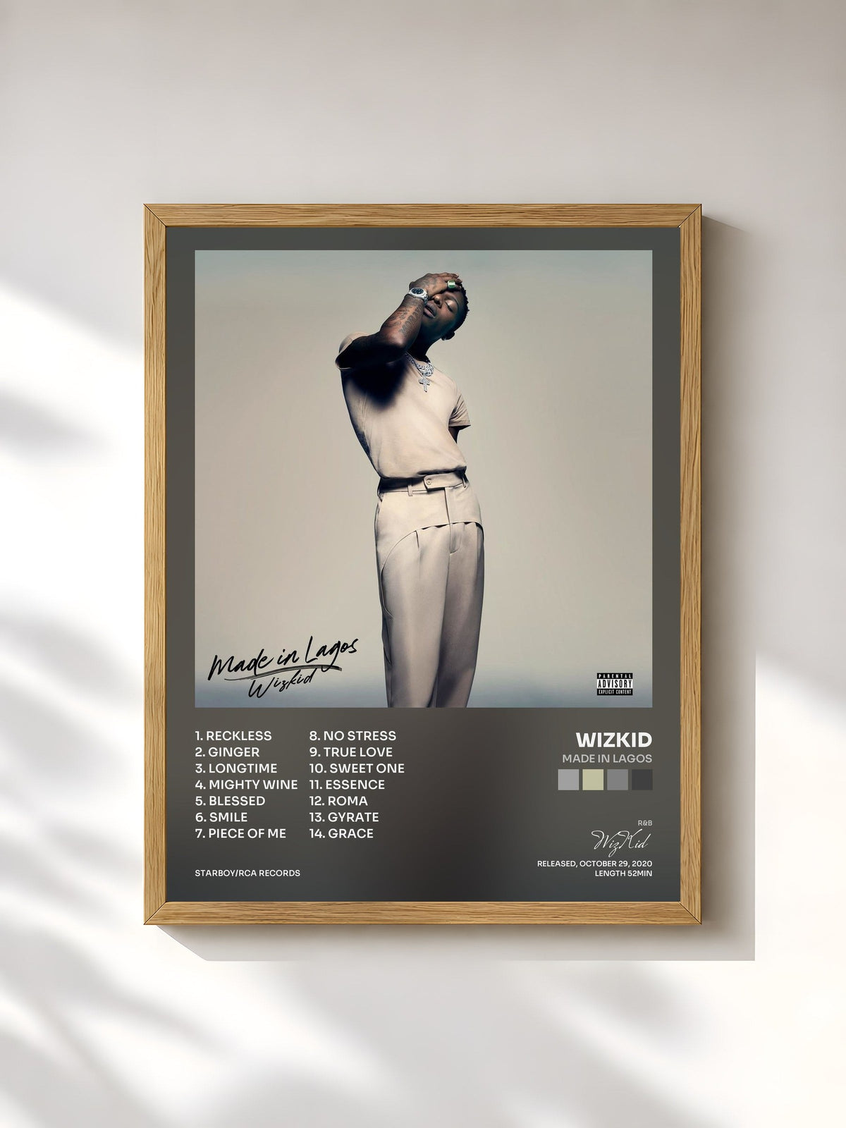 #bois Tableau de l'album Made In Lagos de WizKid, cadre en bois brut, imprimé et encadré en France