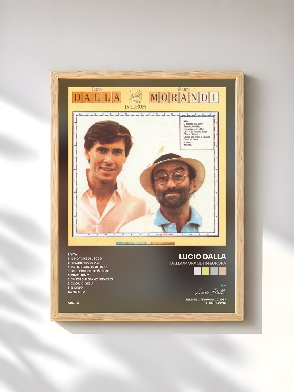 #bois Tableau de l'album Dalla/Morandi In Europa de Lucio Dalla, cadre en bois brut, imprimé et encadré en France