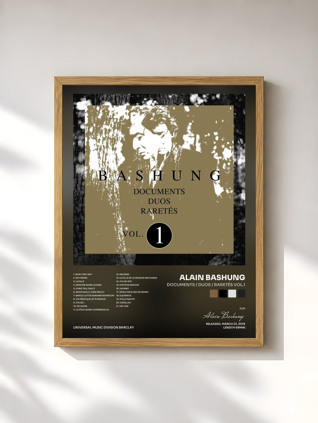 #bois Tableau de l'album Documents / Duos / Raretés Vol.1 de Alain Bashung, cadre en bois brut, imprimé et encadré en France