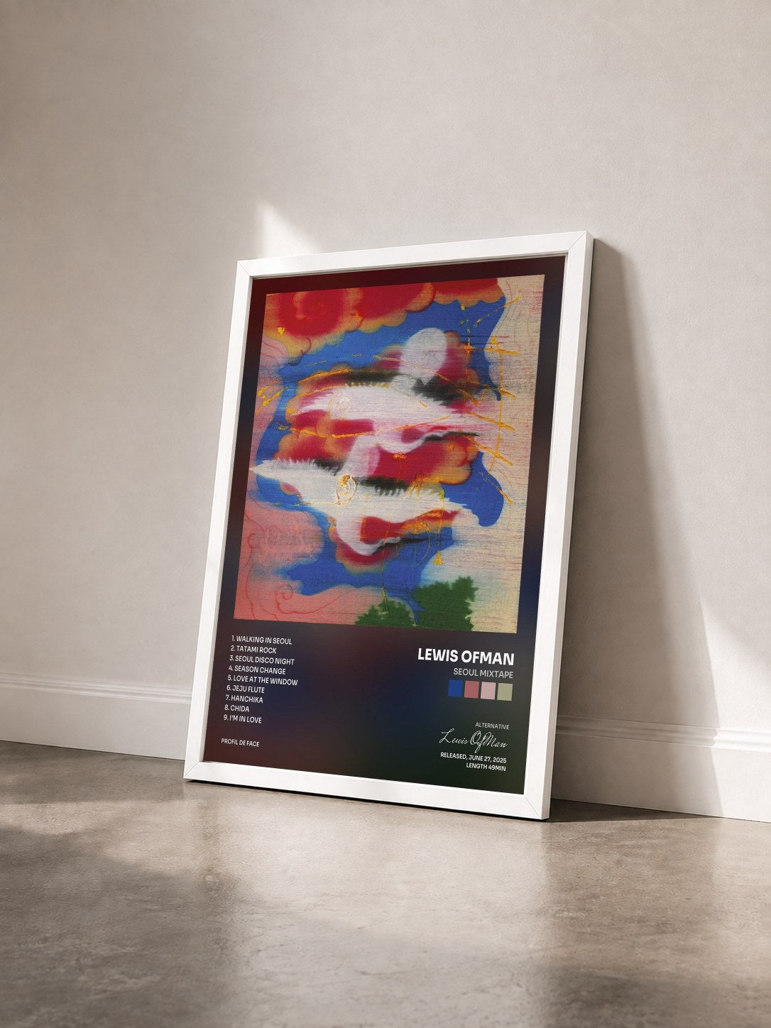 #blanc Tableau de l'album Seoul Mixtape de Lewis OfMan vu de trois quarts, cadre blanc