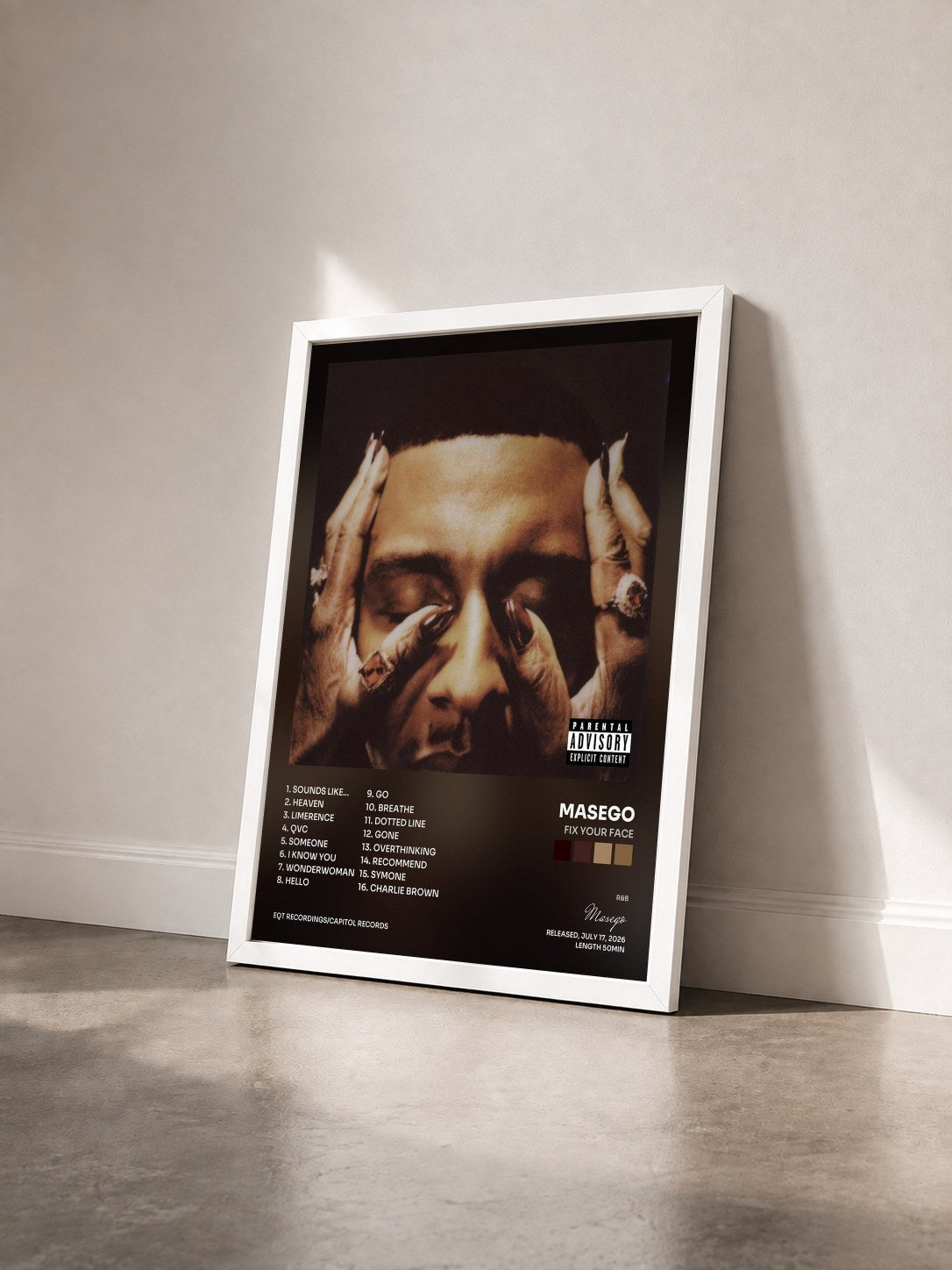 #blanc Tableau de l'album Fix Your Face de Masego vu de trois quarts, cadre blanc