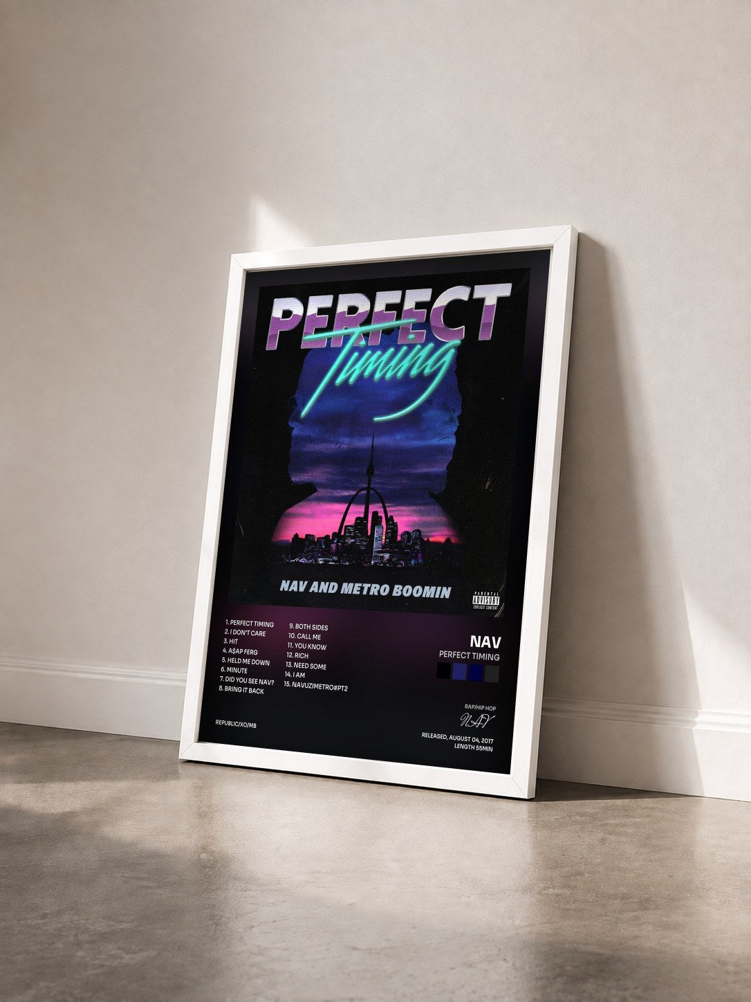 #blanc Tableau de l'album Perfect Timing de NAV vu de trois quarts, cadre blanc