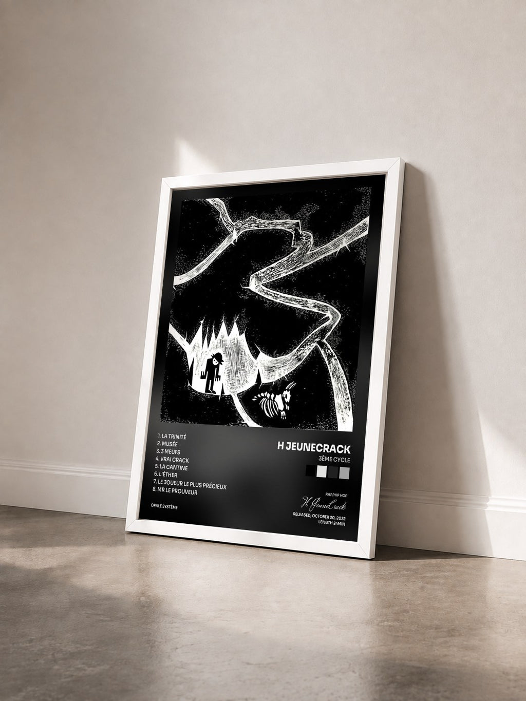 #blanc Tableau de l'album 3ème Cycle de H JeuneCrack vu de trois quarts, cadre blanc