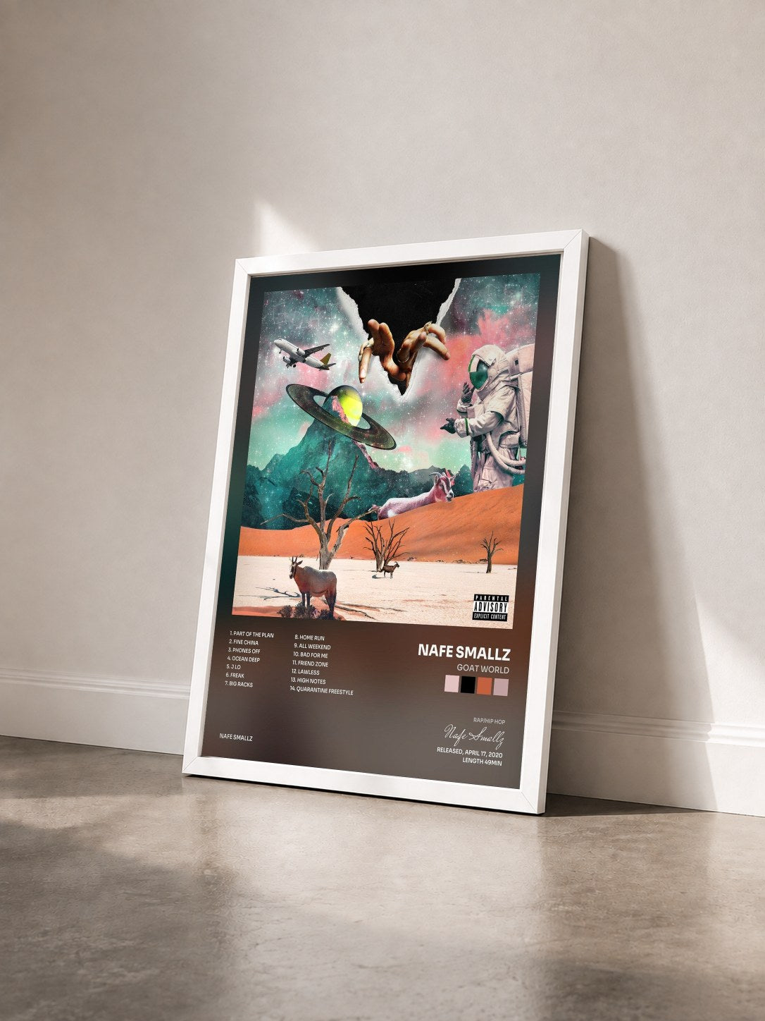 #blanc Tableau de l'album Goat World de Nafe Smallz vu de trois quarts, cadre blanc