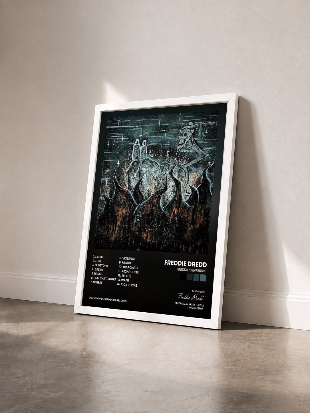 #blanc Tableau de l'album Freddie's Inferno de Freddie Dredd vu de trois quarts, cadre blanc