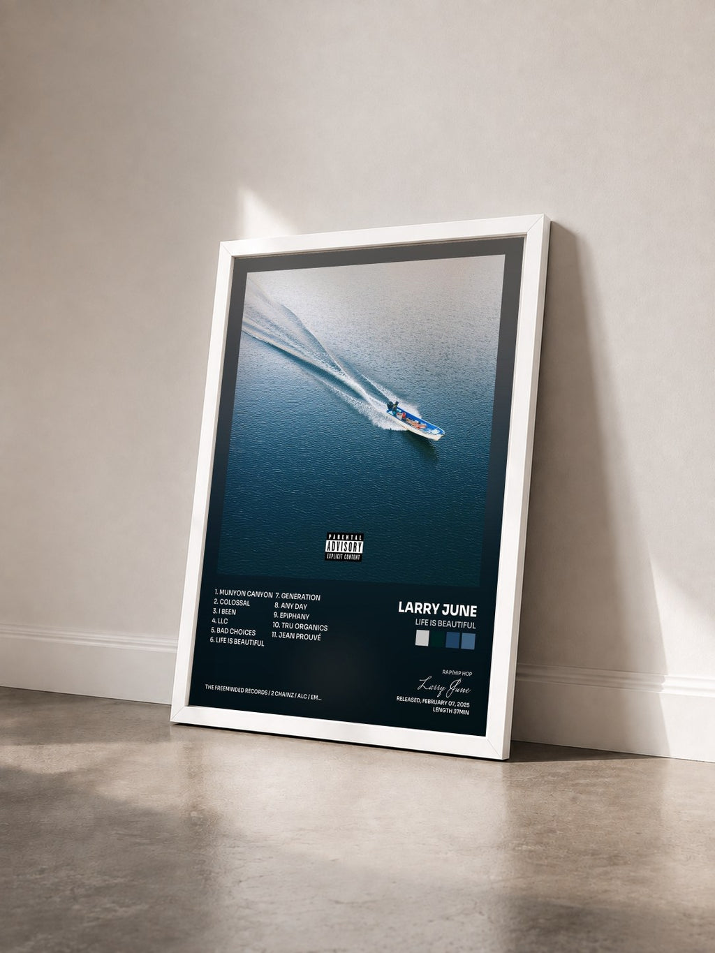 #blanc Tableau de l'album Life Is Beautiful de Larry June vu de trois quarts, cadre blanc