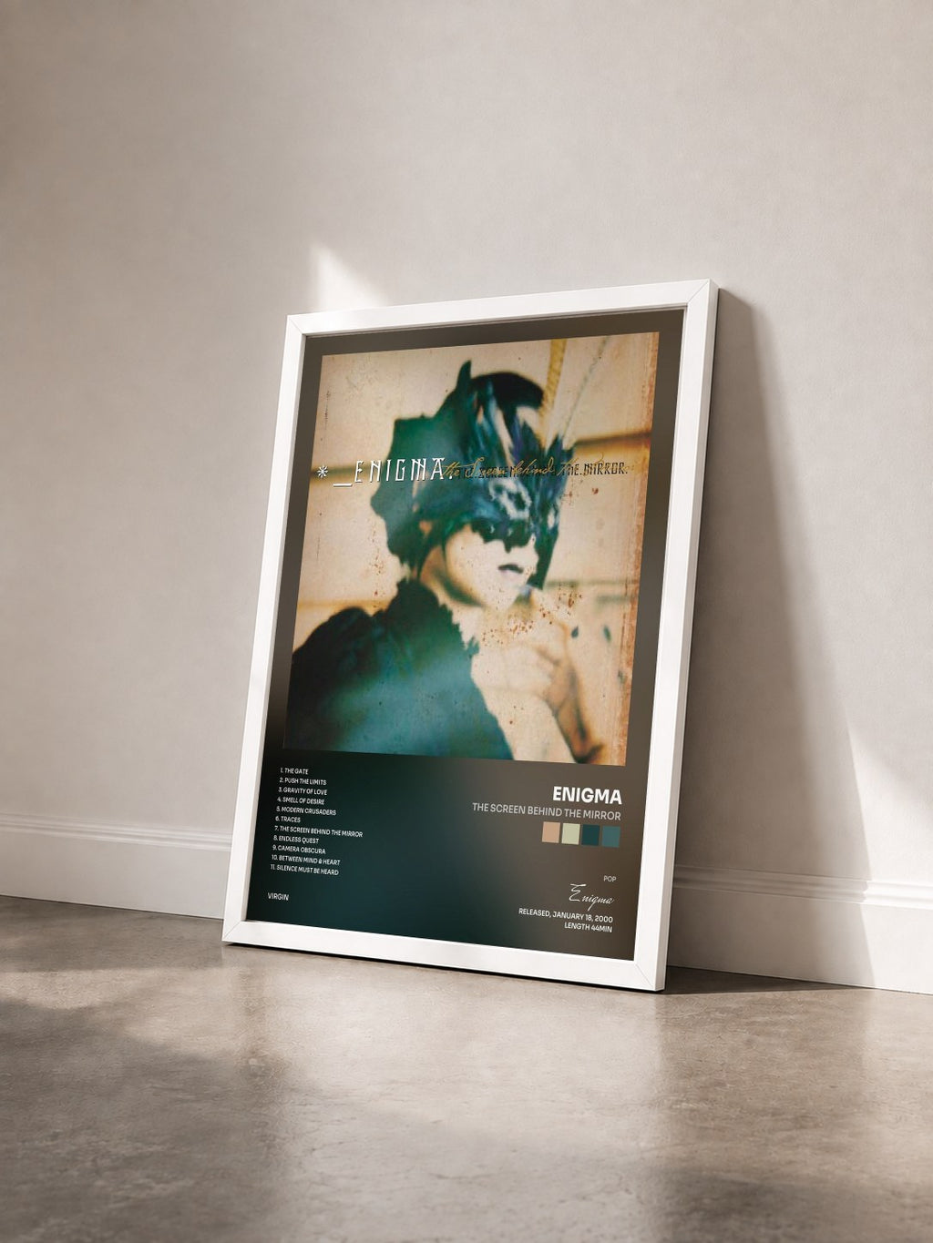 #blanc Tableau de l'album The Screen Behind The Mirror de Enigma vu de trois quarts, cadre blanc