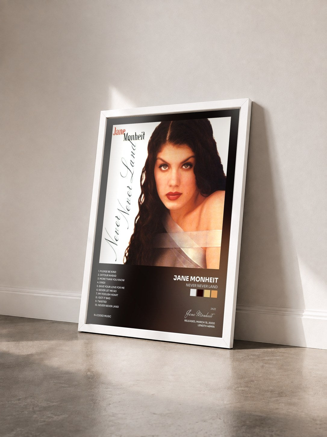 #blanc Tableau de l'album Never Never Land de Jane Monheit vu de trois quarts, cadre blanc
