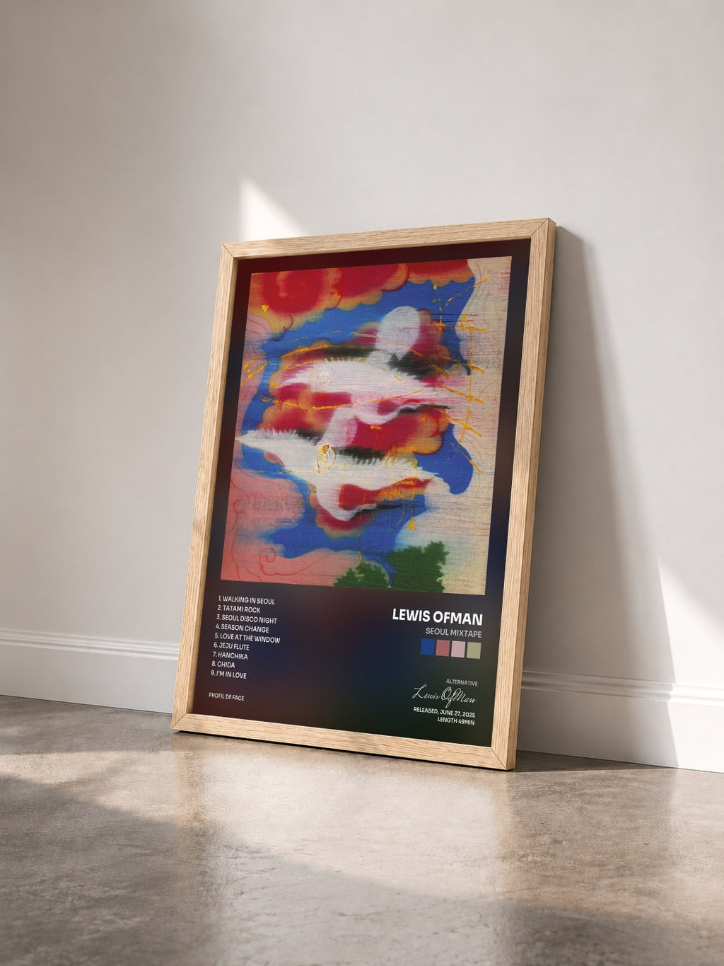 #bois Tableau de l'album Seoul Mixtape de Lewis OfMan vu de trois quarts, cadre en bois brut