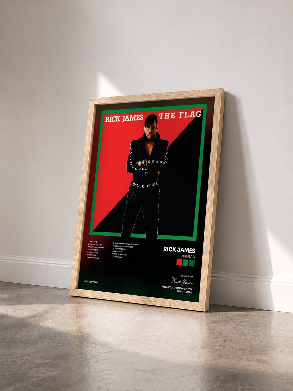 #bois Tableau de l'album The Flag de Rick James vu de trois quarts, cadre en bois brut