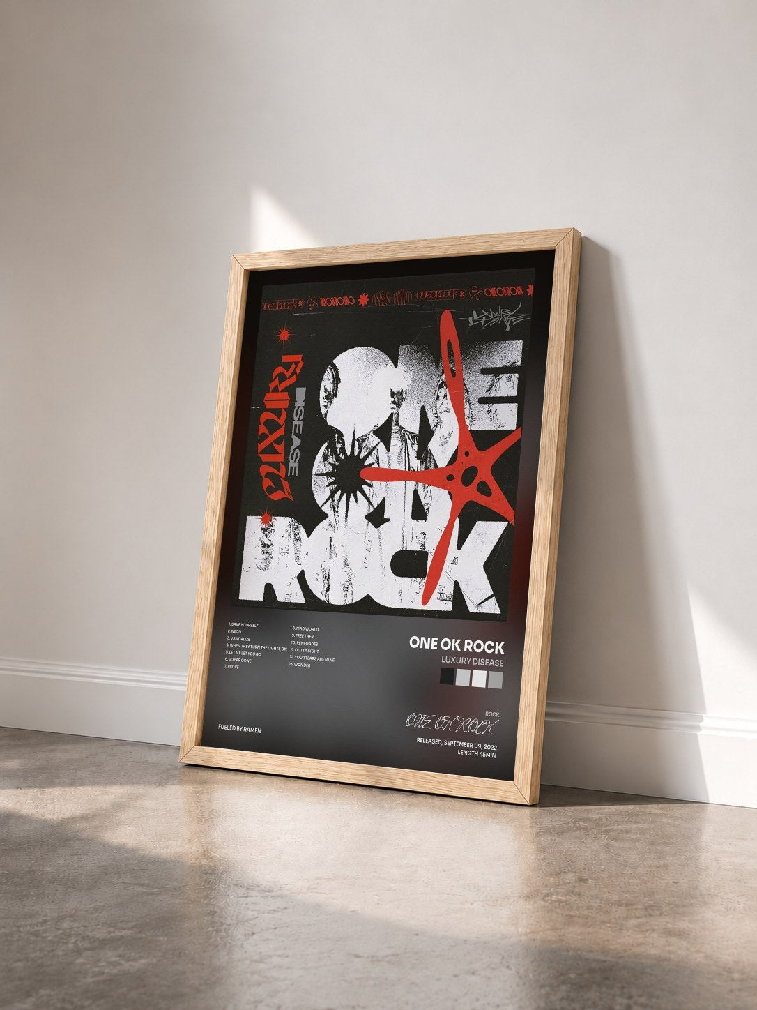 #bois Tableau de l'album Luxury Disease de ONE OK ROCK vu de trois quarts, cadre en bois brut