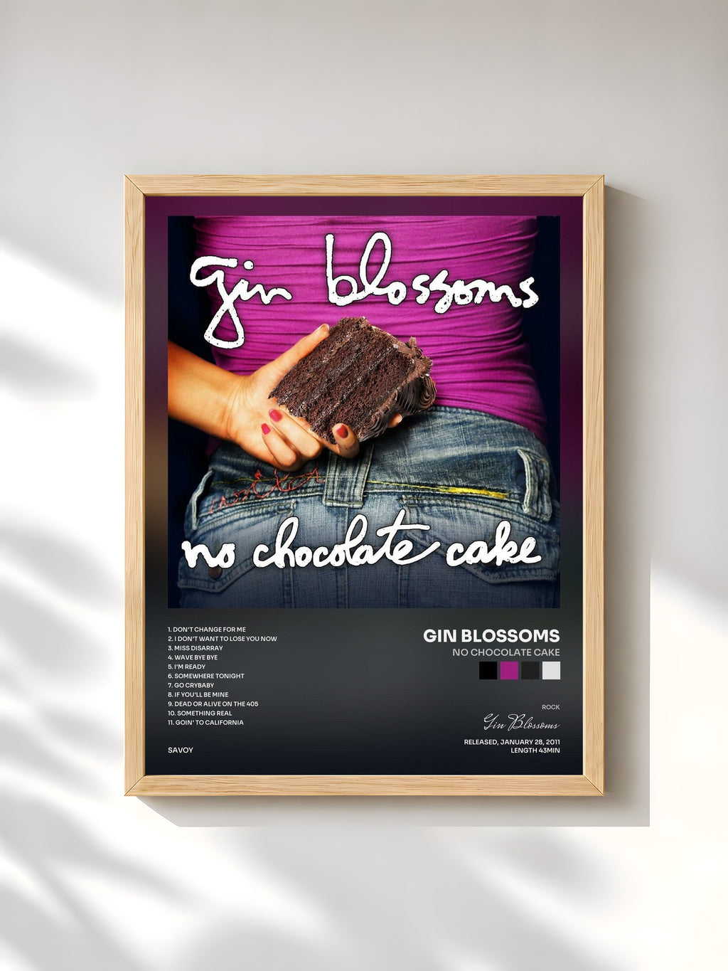 #bois Tableau de l'album No Chocolate Cake de Gin Blossoms, cadre en bois brut, imprimé et encadré en France