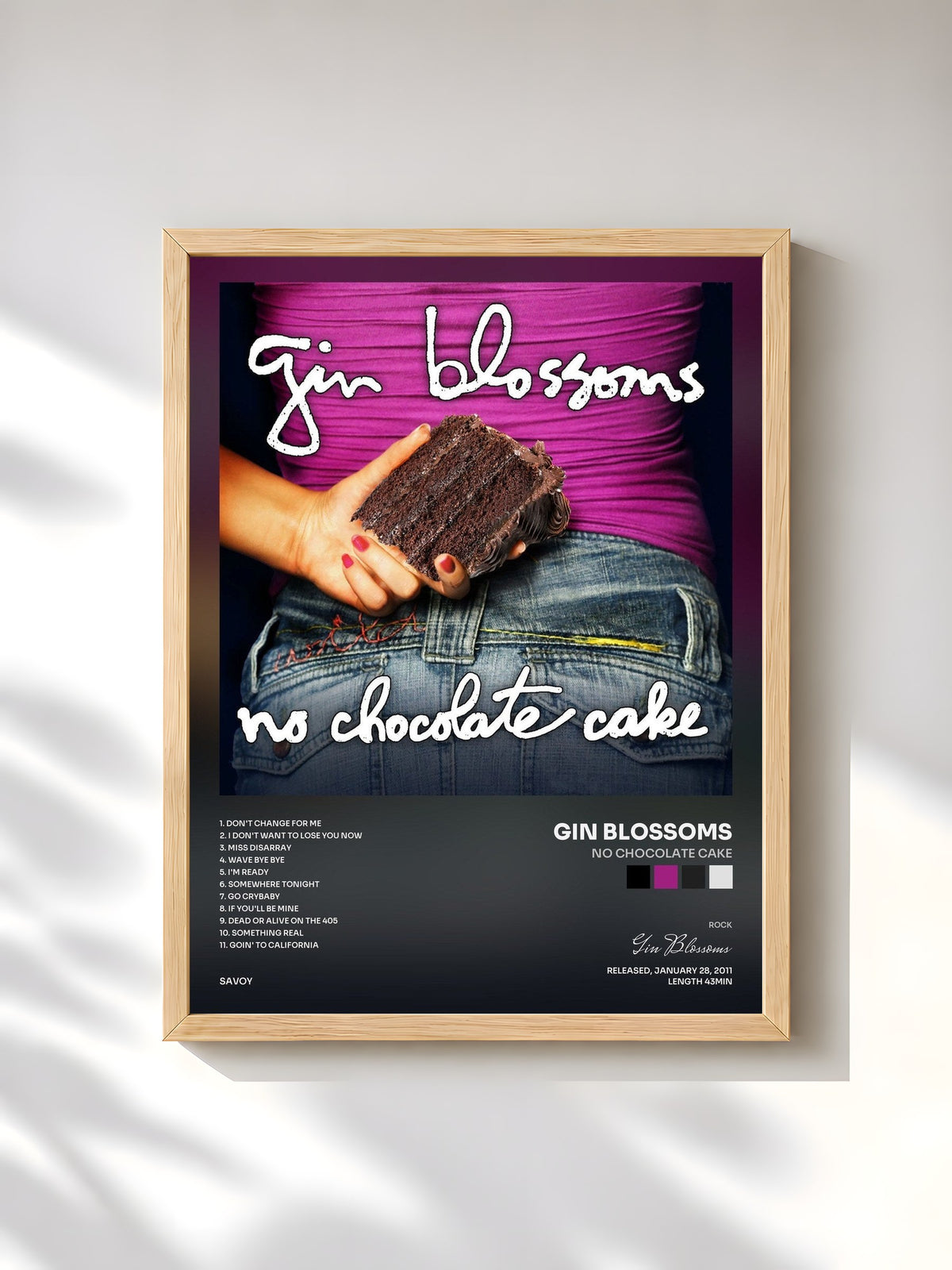 #bois Tableau de l'album No Chocolate Cake de Gin Blossoms, cadre en bois brut, imprimé et encadré en France