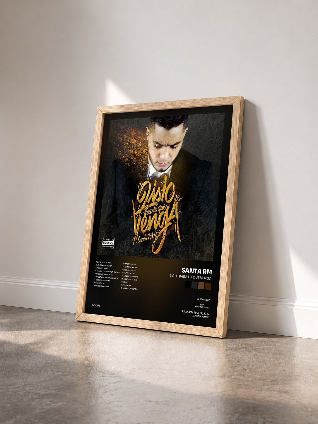 #bois Tableau de l'album Listo para Lo Que Venga de santa rm vu de trois quarts, cadre en bois brut