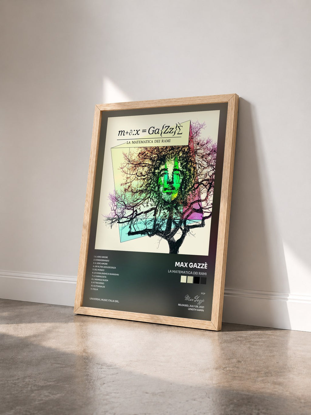 #bois Tableau de l'album La Matematica Dei Rami de Max Gazzè vu de trois quarts, cadre en bois brut