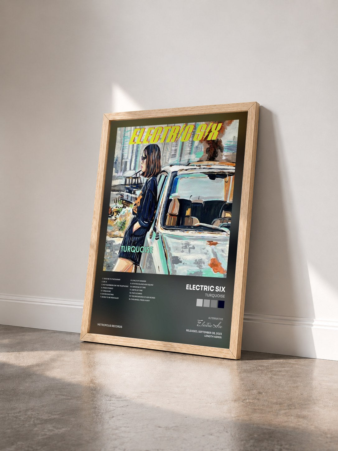 #bois Tableau de l'album Turquoise de Electric Six vu de trois quarts, cadre en bois brut